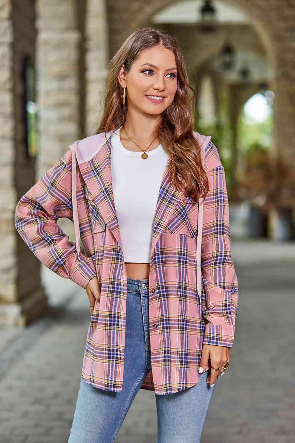 Plaid Long Sleeve Hooded Shacket - Jacket