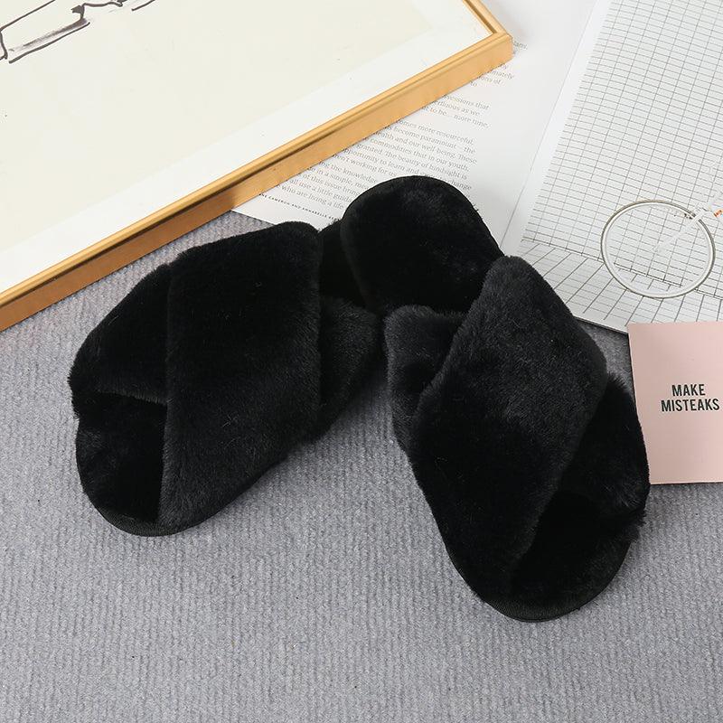 Faux Fur Crisscross Strap Slippers - Slippers