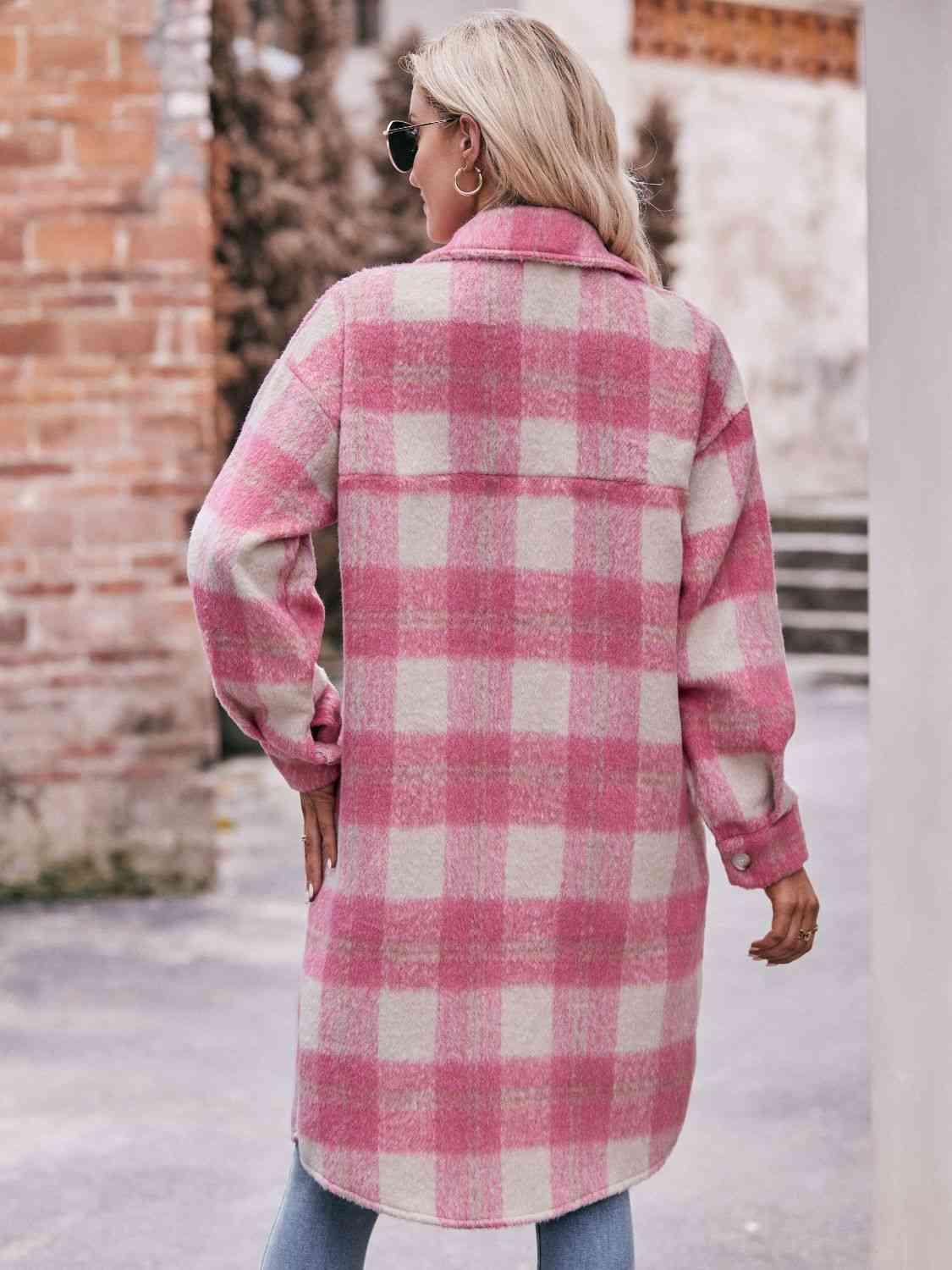 Plaid Dropped Shoulder Slit Coat - Coat