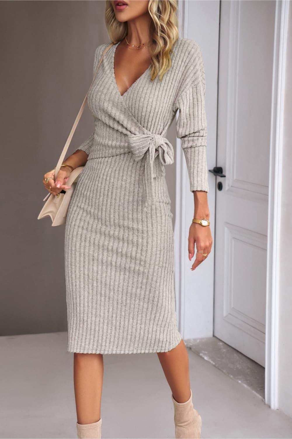 Surplice Neck Tied Ribbed Midi Dress - Dresses