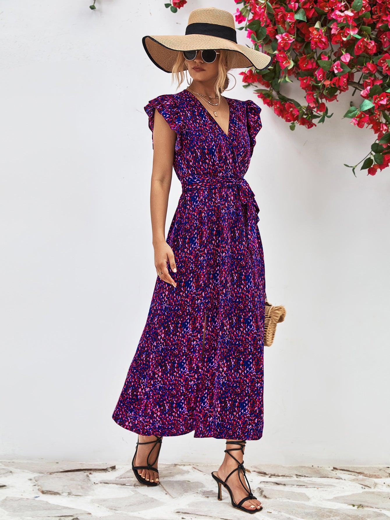 Printed Surplice V-Neck Flutter Sleeves Slit Midi Dress - Dresses