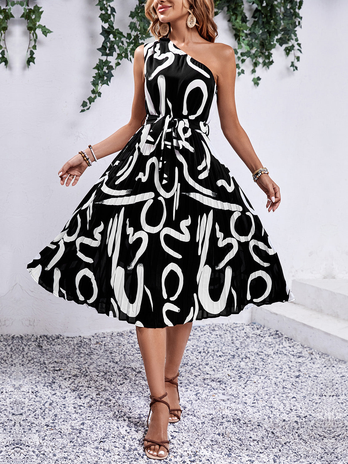 Printed One Shoulder Tie Waist Midi Dress