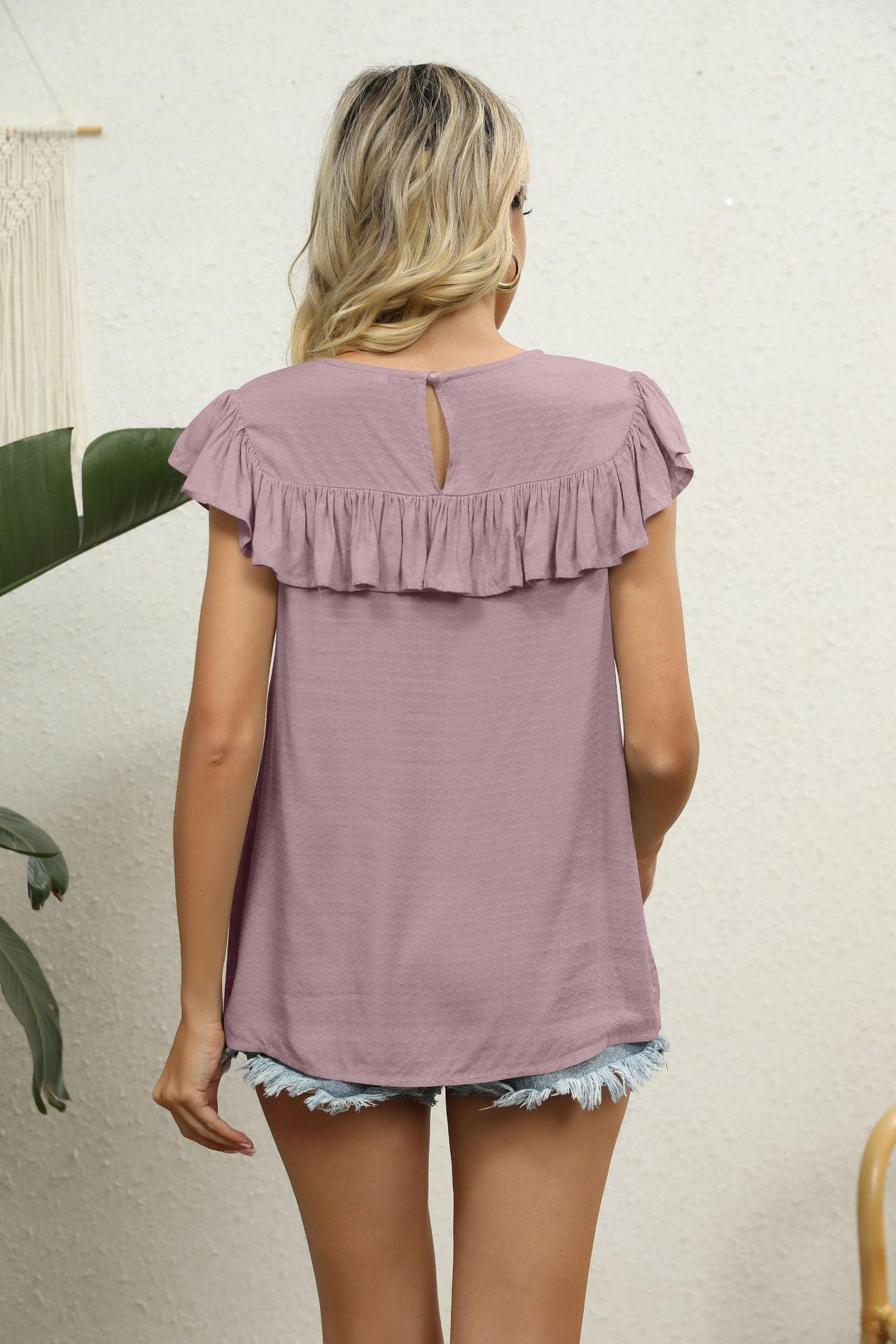 Spliced Lace Ruffled Flutter Sleeve Round Neck Top - Top