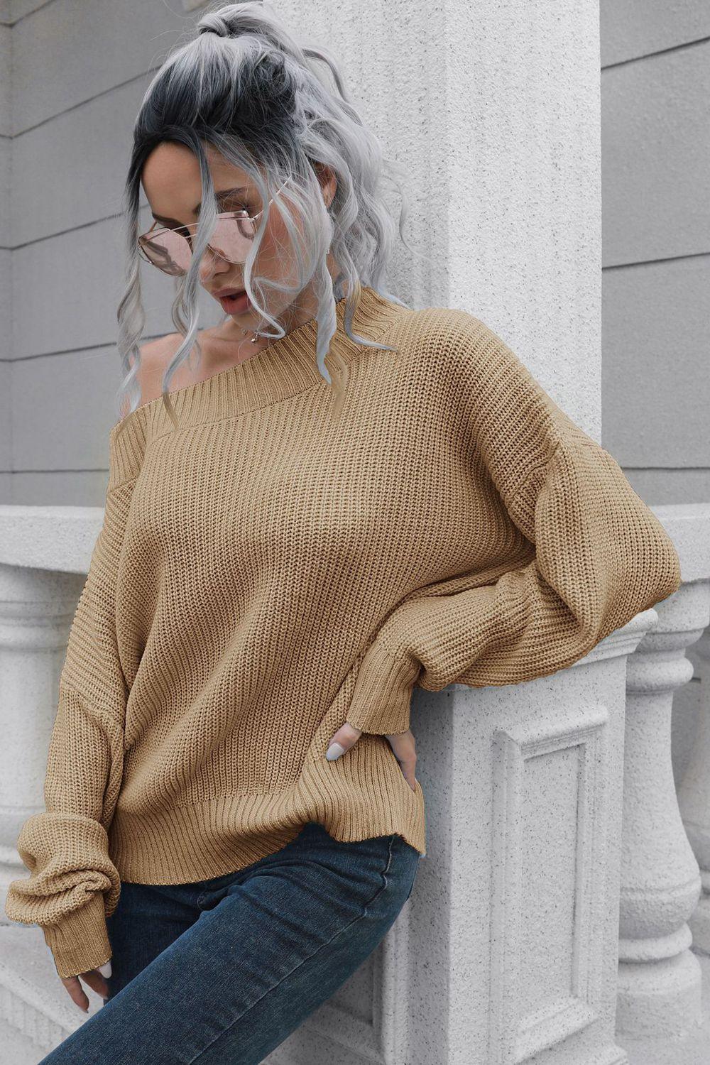 Off-Shoulder Ribbed Dropped Shoulders Sweater - Sweater