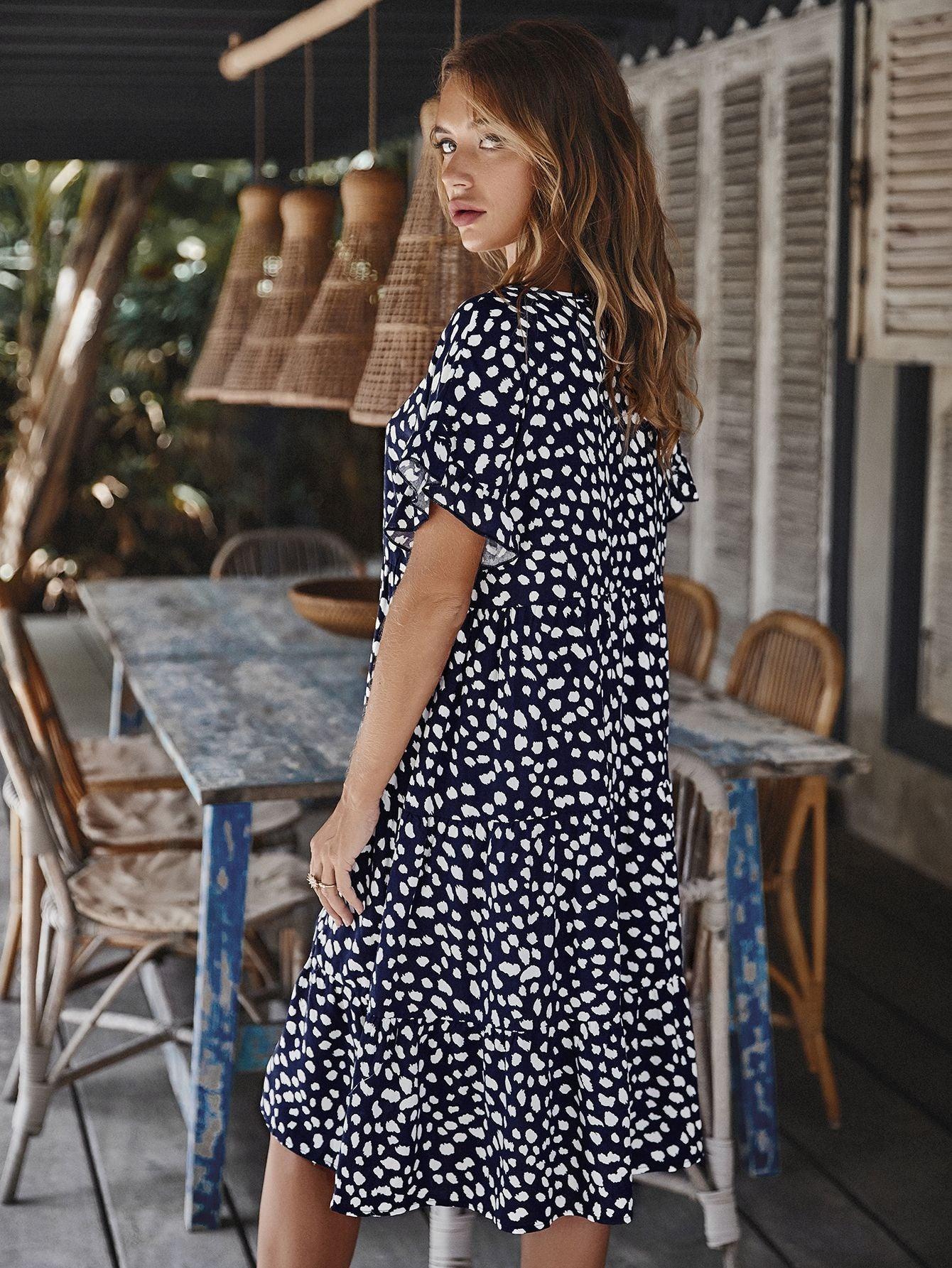 Printed Round Neck Tiered Knee length Dress - Dresses