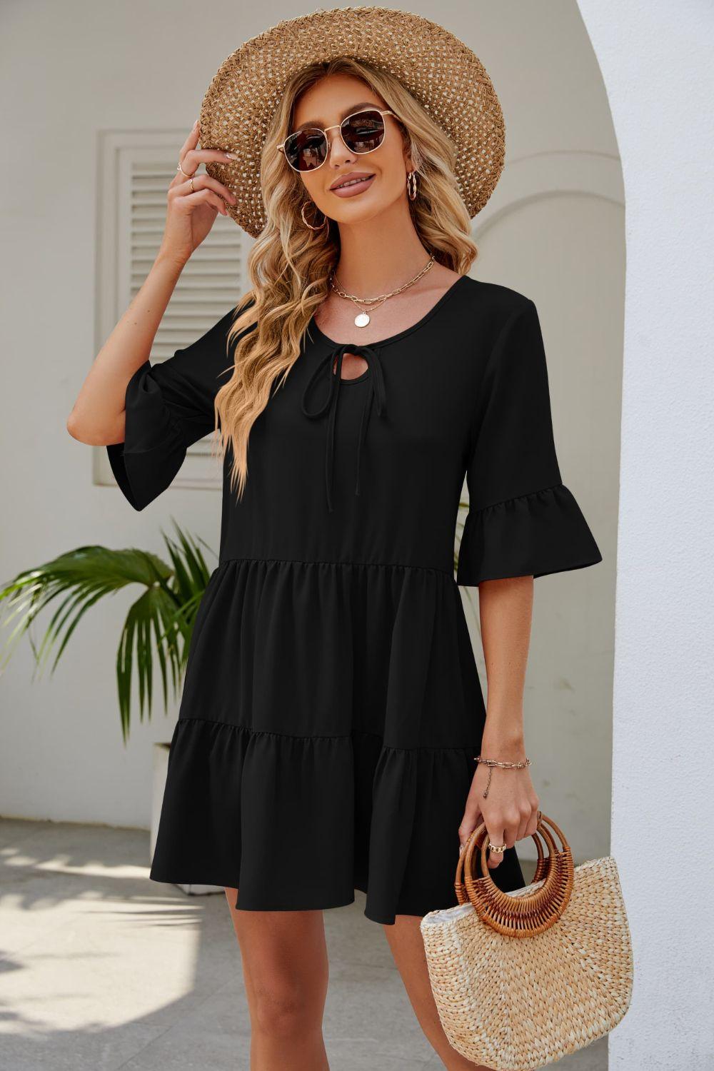 Tied Flounce Sleeve Tiered Mini Dress - Dresses