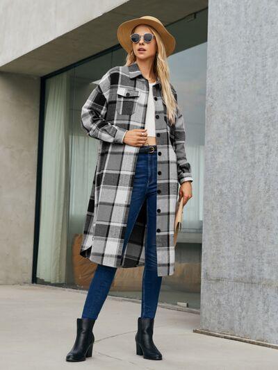 Plaid Pocketed Button Up Trench Coat - Coat