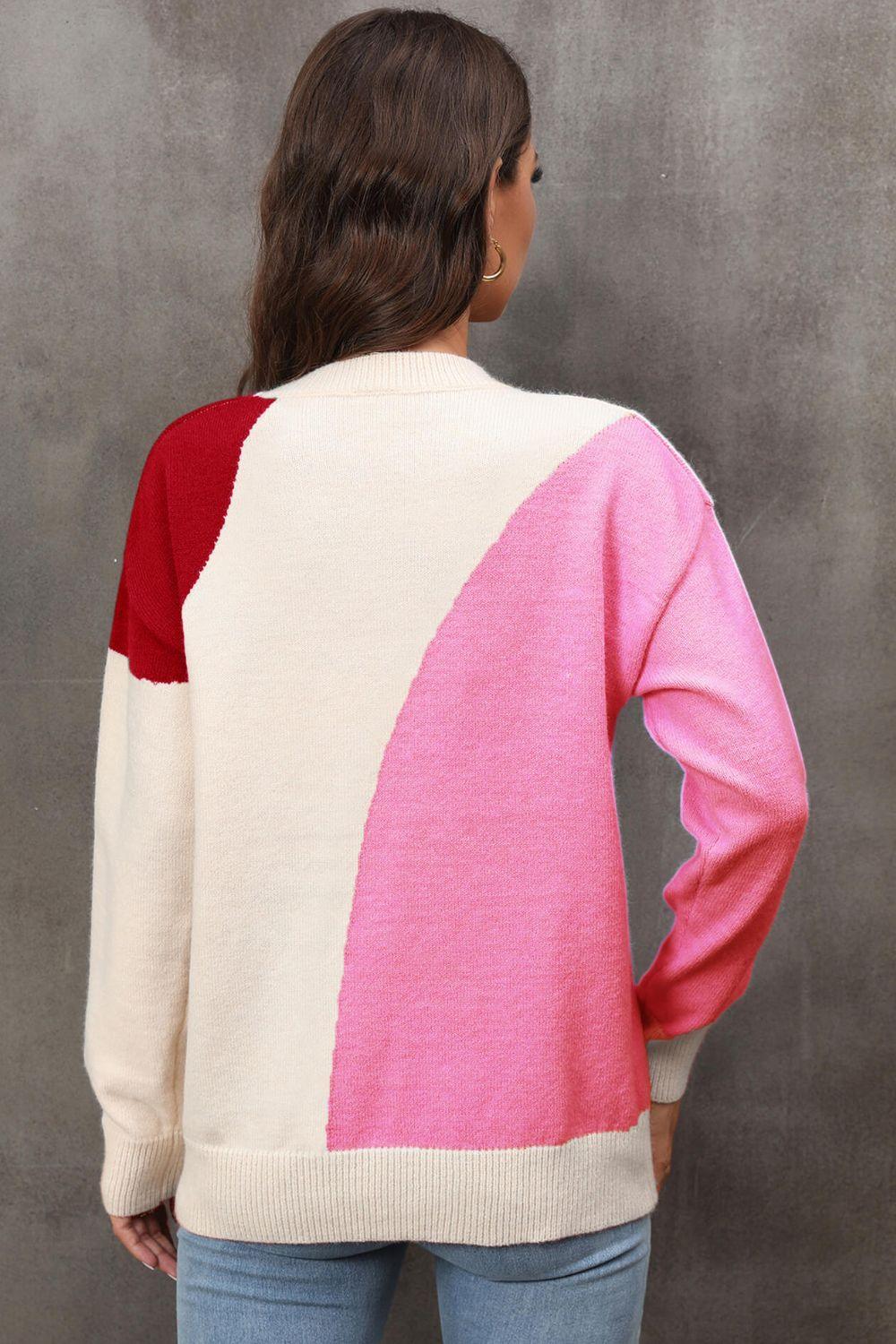 Color Block Ribbed Cuff Drop Shoulder Sweater - Sweater