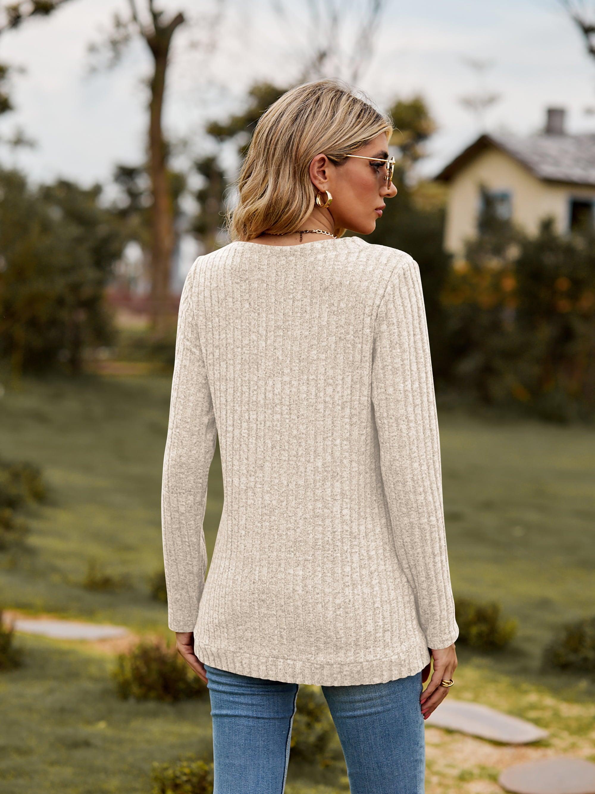 Ribbed V-Neck Long Sleeve Top - Top