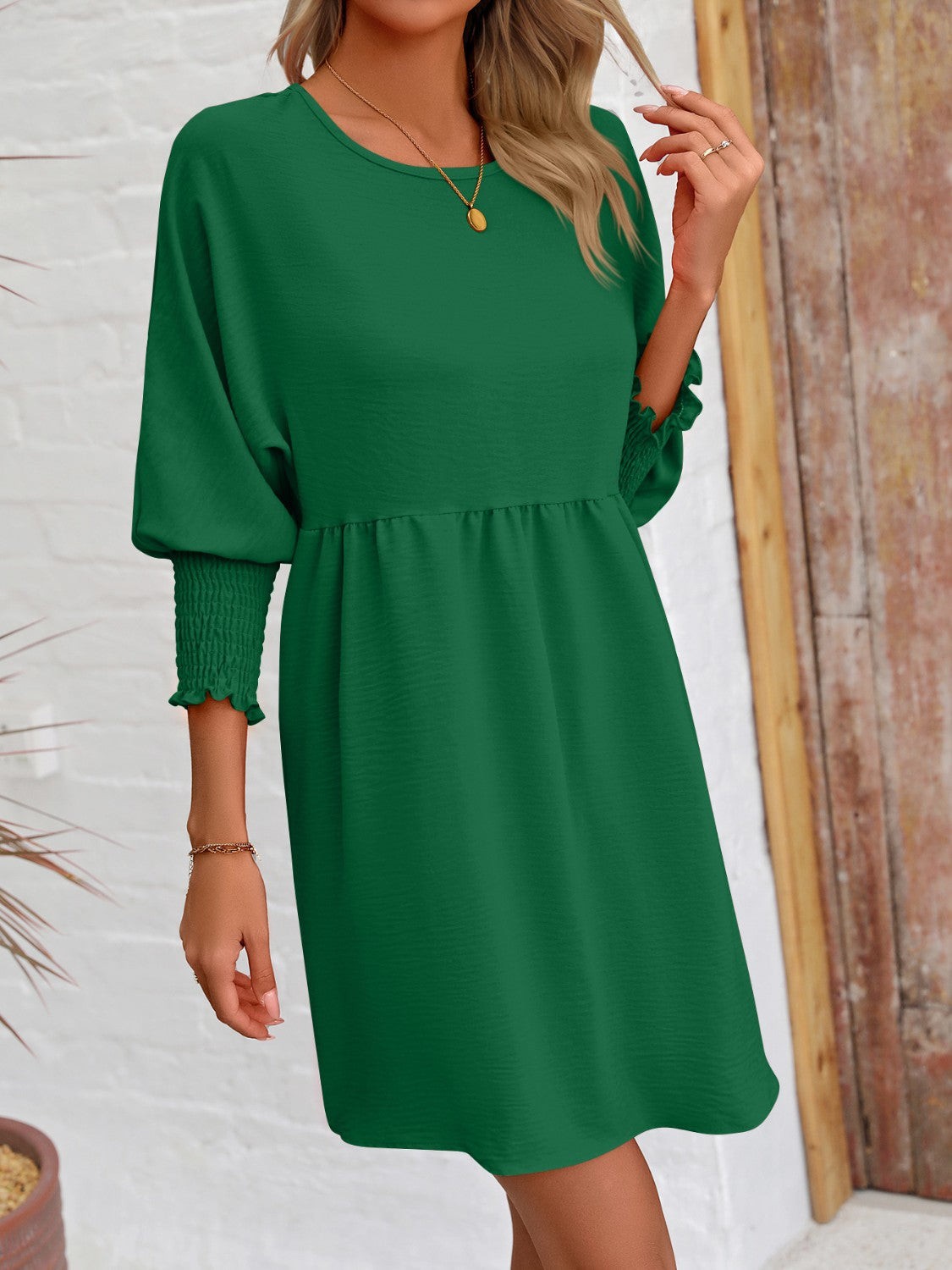 Round Neck Long Lantern Sleeve Mini Dress