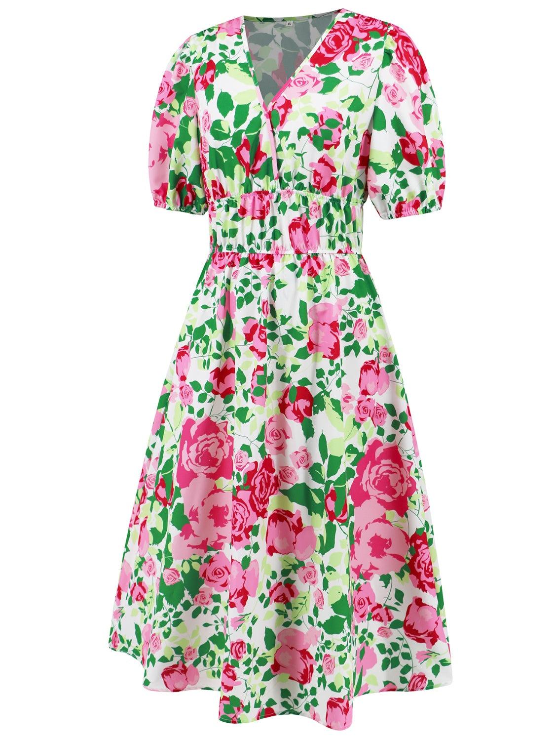 Ruched Floral Surplice Midi Dress - Dresses