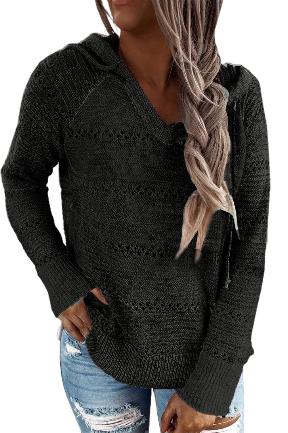 Full Size Color Block Openwork Knitted Hoodie - Hoodie