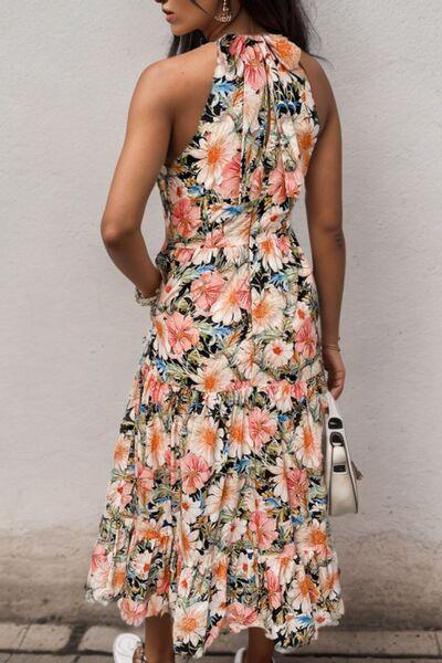 Floral Tiered Pocketed Halter Neck Midi Dress - Dresses