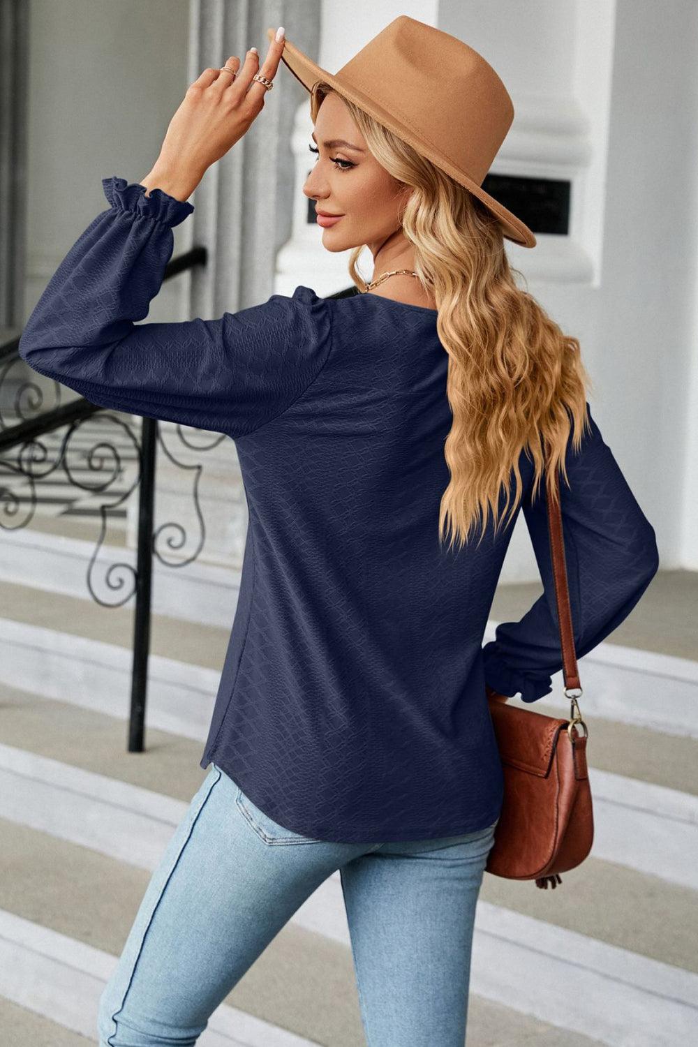 Round Neck Long Flounce Sleeve Top - Top