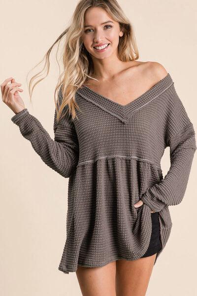 BiBi Waffle Knit V-Neck Babydoll Top - Top