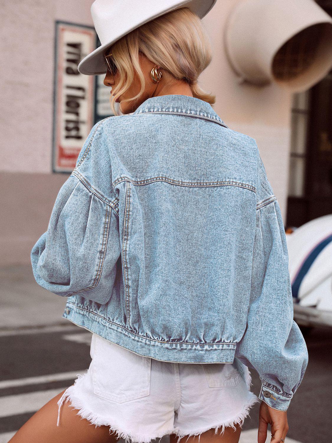 Dropped Shoulder Balloon Sleeve Denim Jacket - Jacket