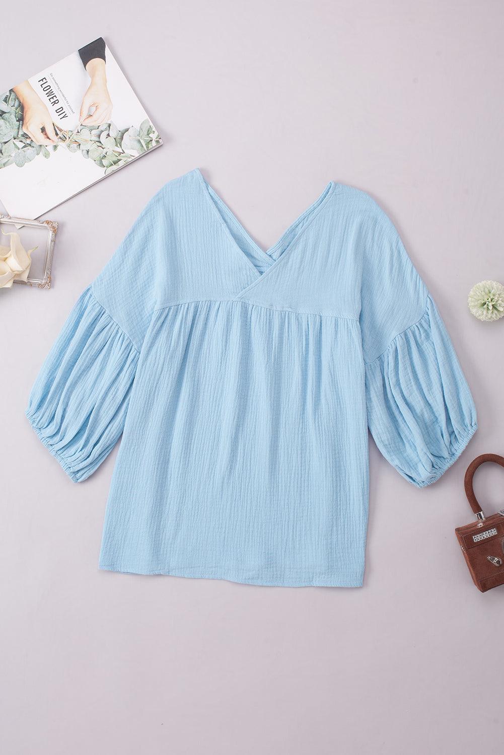 Dropped Shoulder V-Neck Long Peasant Sleeves Blouse - Blouse