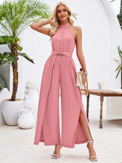 Ruched Slit Tied Sleeveless Halter Neck Jumpsuit