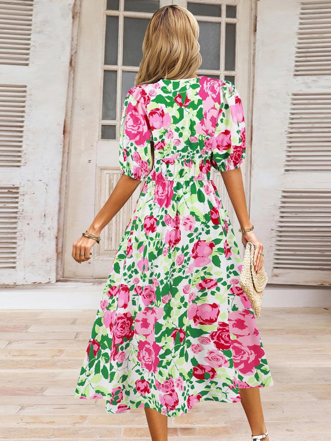 Ruched Floral Surplice Midi Dress - Dresses