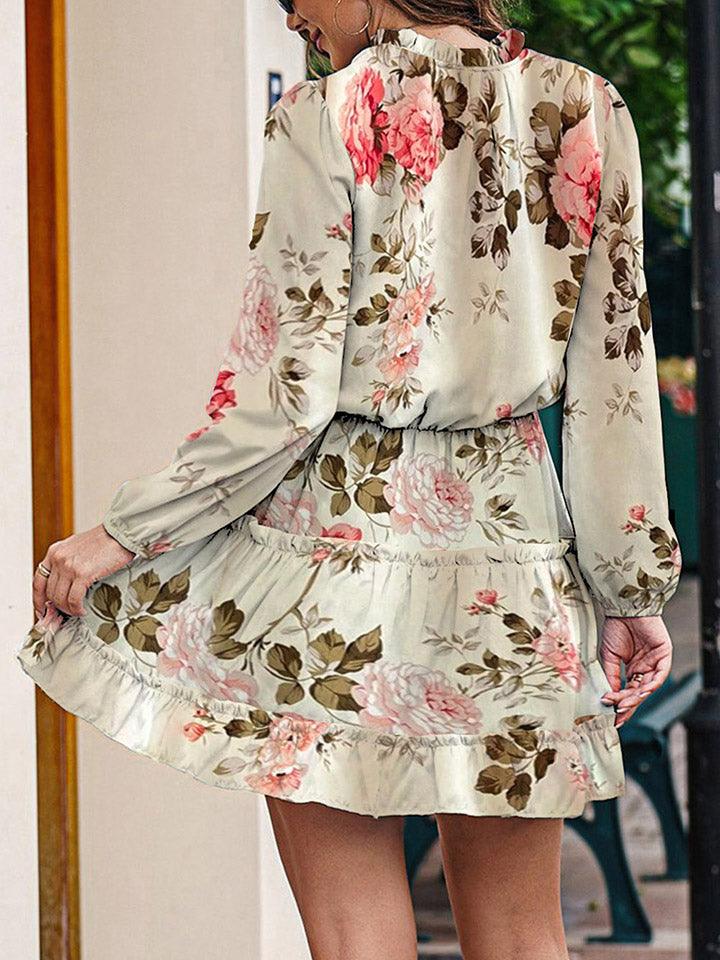 Floral Tie Neck Long Sleeve Dress - Dresses