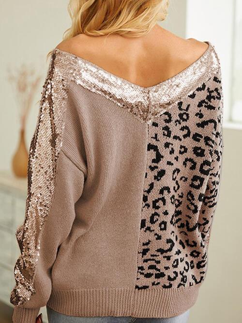 Leopard Sequin V-Neck Long Sleeve Sweater - Sweater