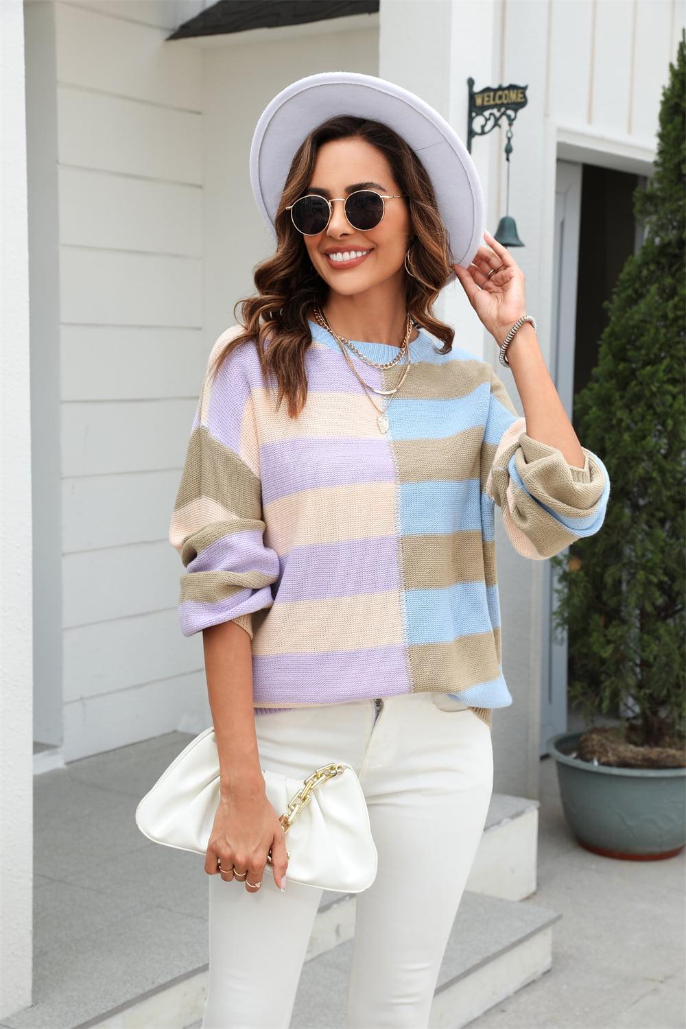 Round Neck Color Block Striped Sweater - Sweater