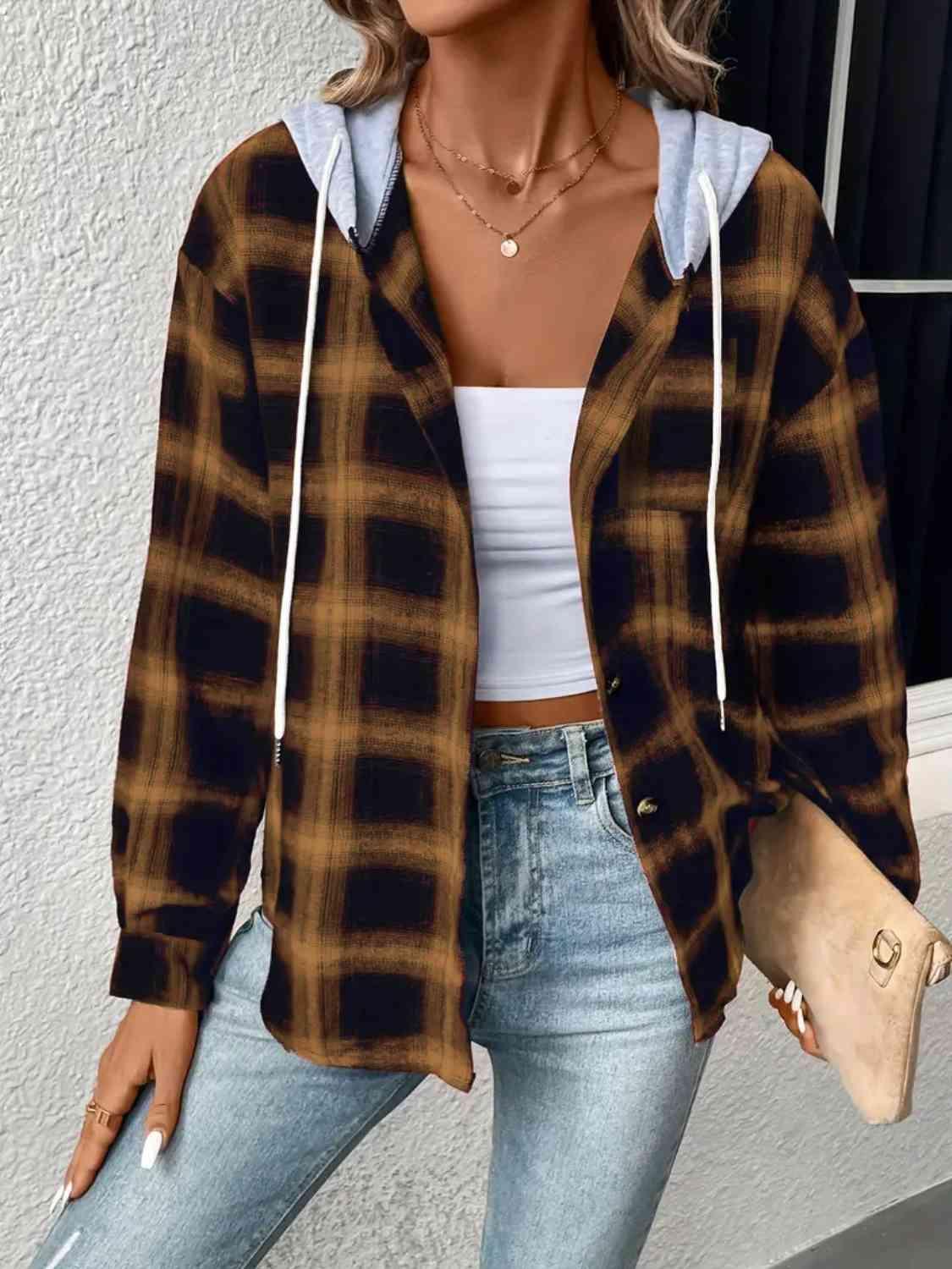 Plaid Drawstring Button Up Hooded Shacket - Jacket