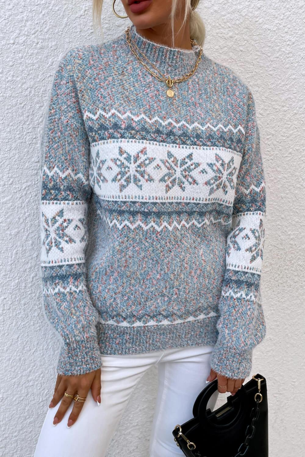 Christmas Snowflake Mock Neck Sweater - Sweater