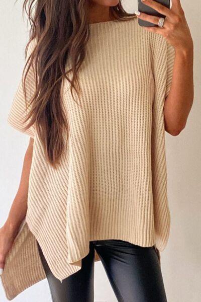 Waffle-Knit Slit Short Sleeve Sweater - Sweater