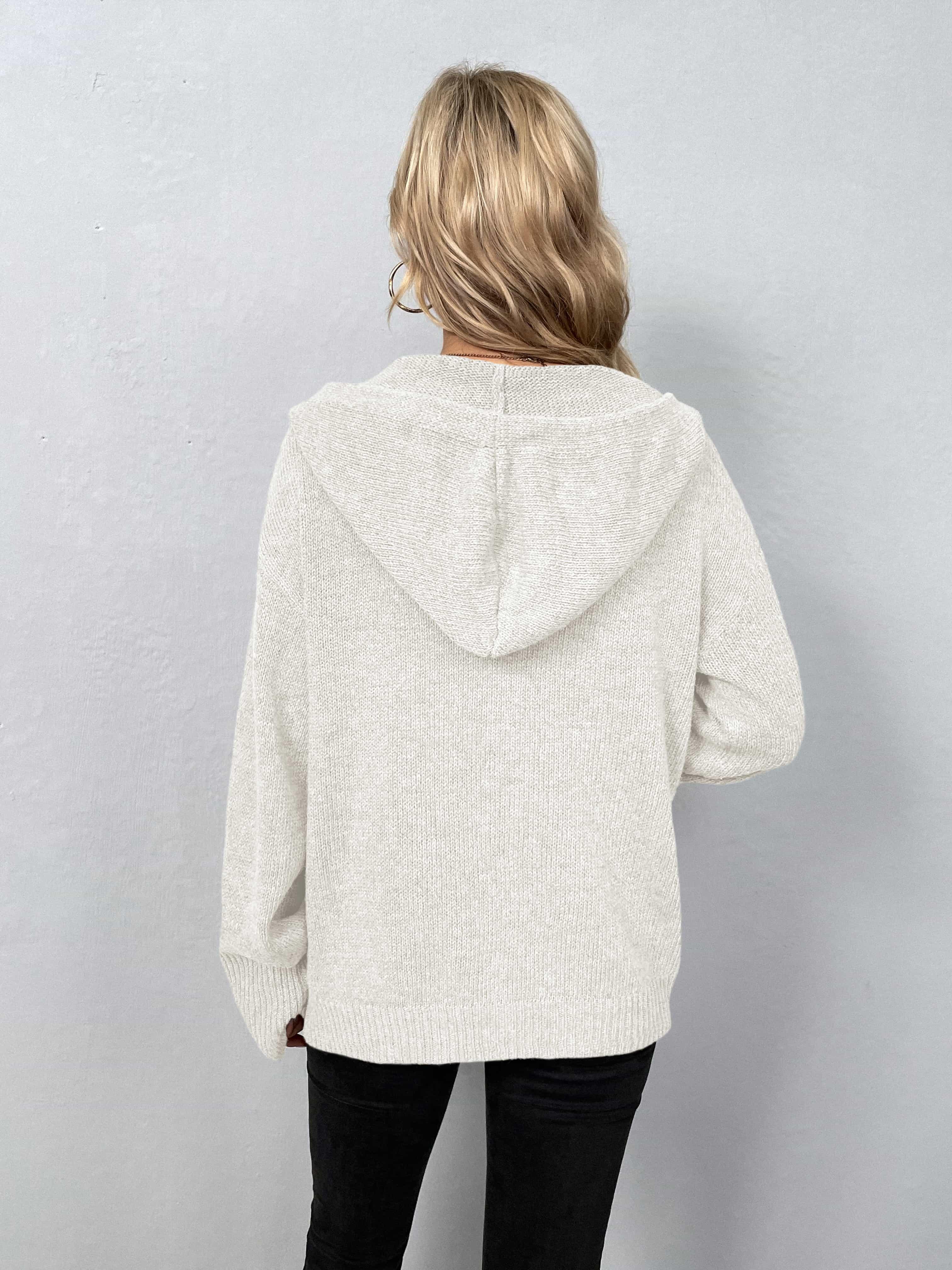 Button-Down Drawstring Long Sleeve Hooded Sweater - Sweater