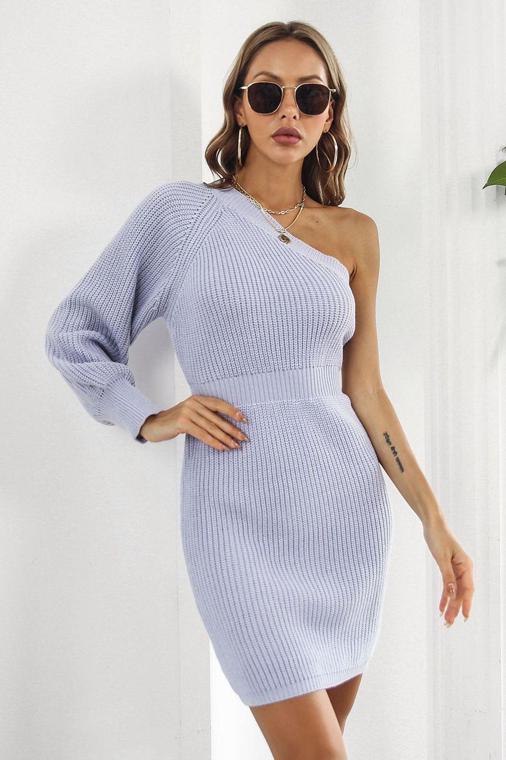 Ribbed One Shoulder Pencil Sweater Dress - Dresses