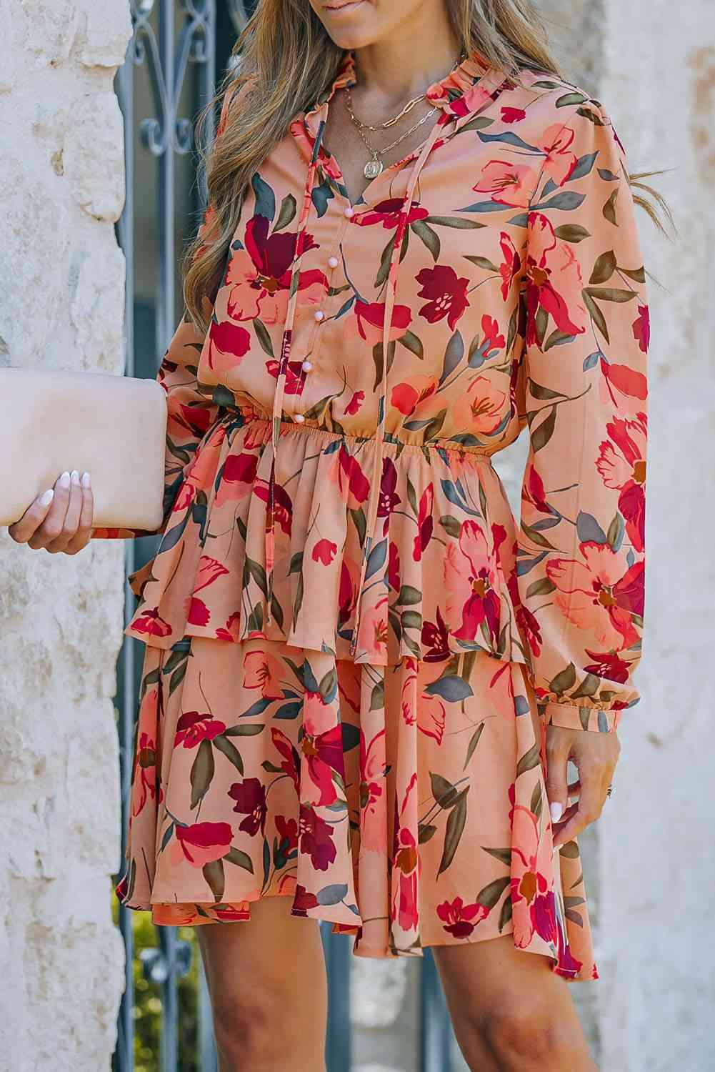 Floral Tie Neck Long Sleeve Layered Dress - Dresses