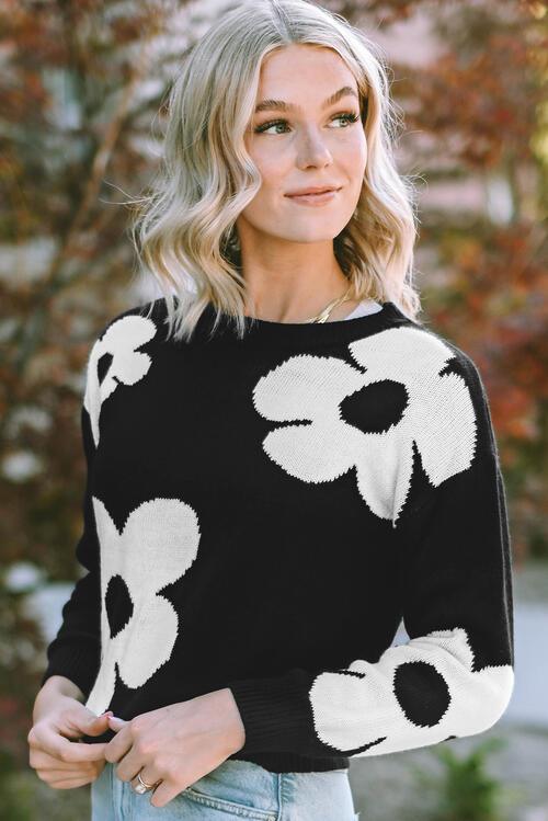 Round Neck Floral Pattern Sweater - Sweater