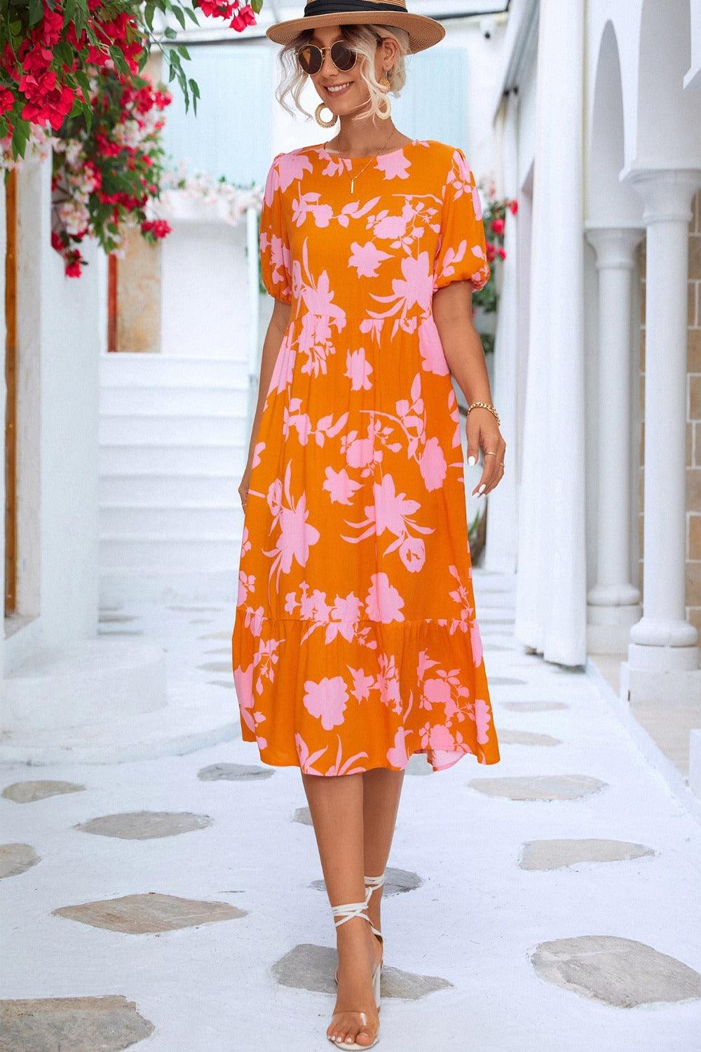 Floral Puff Sleeve Ruffle Hem Round Neck Midi Dress - Dresses