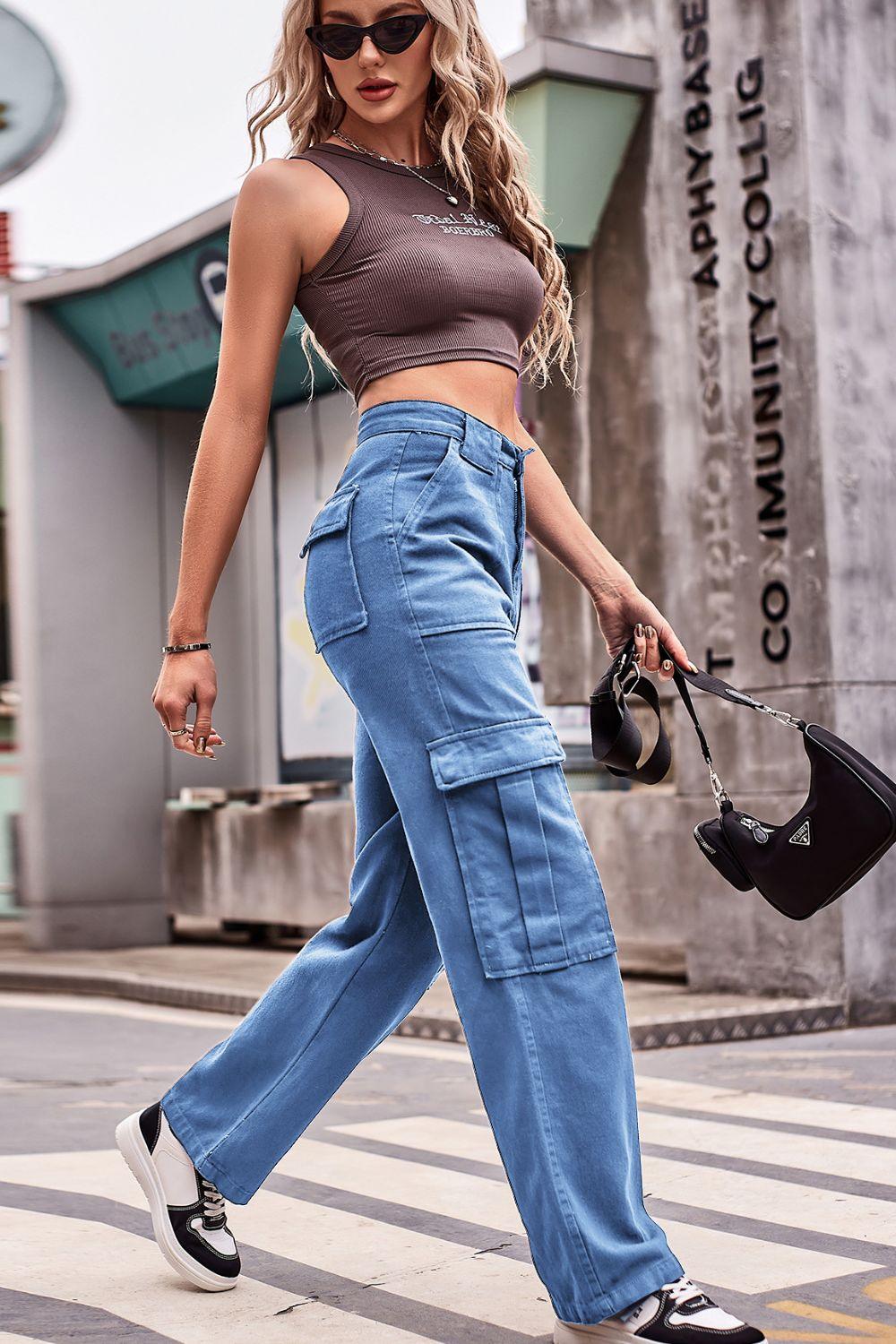 High Waist Loose Fit Straight Leg Cargo Jeans - Jeans