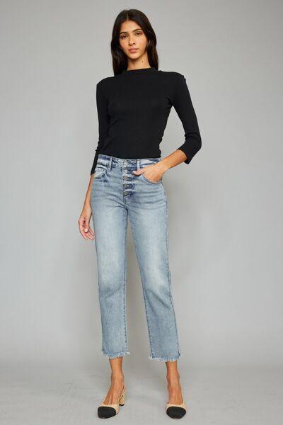 Kancan High Waist Raw Hem Cropped Straight Jeans - Jeans