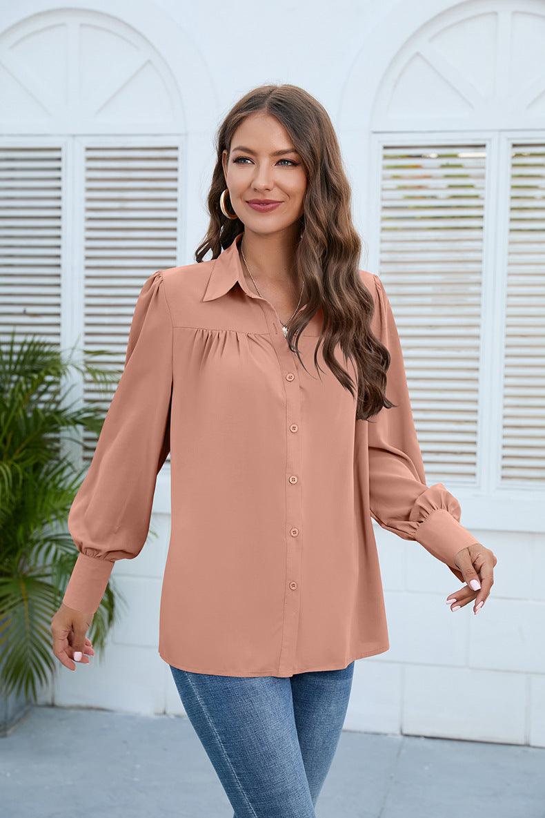 Puff Long Sleeve Collared Neck Ruched Shirt - Shirt