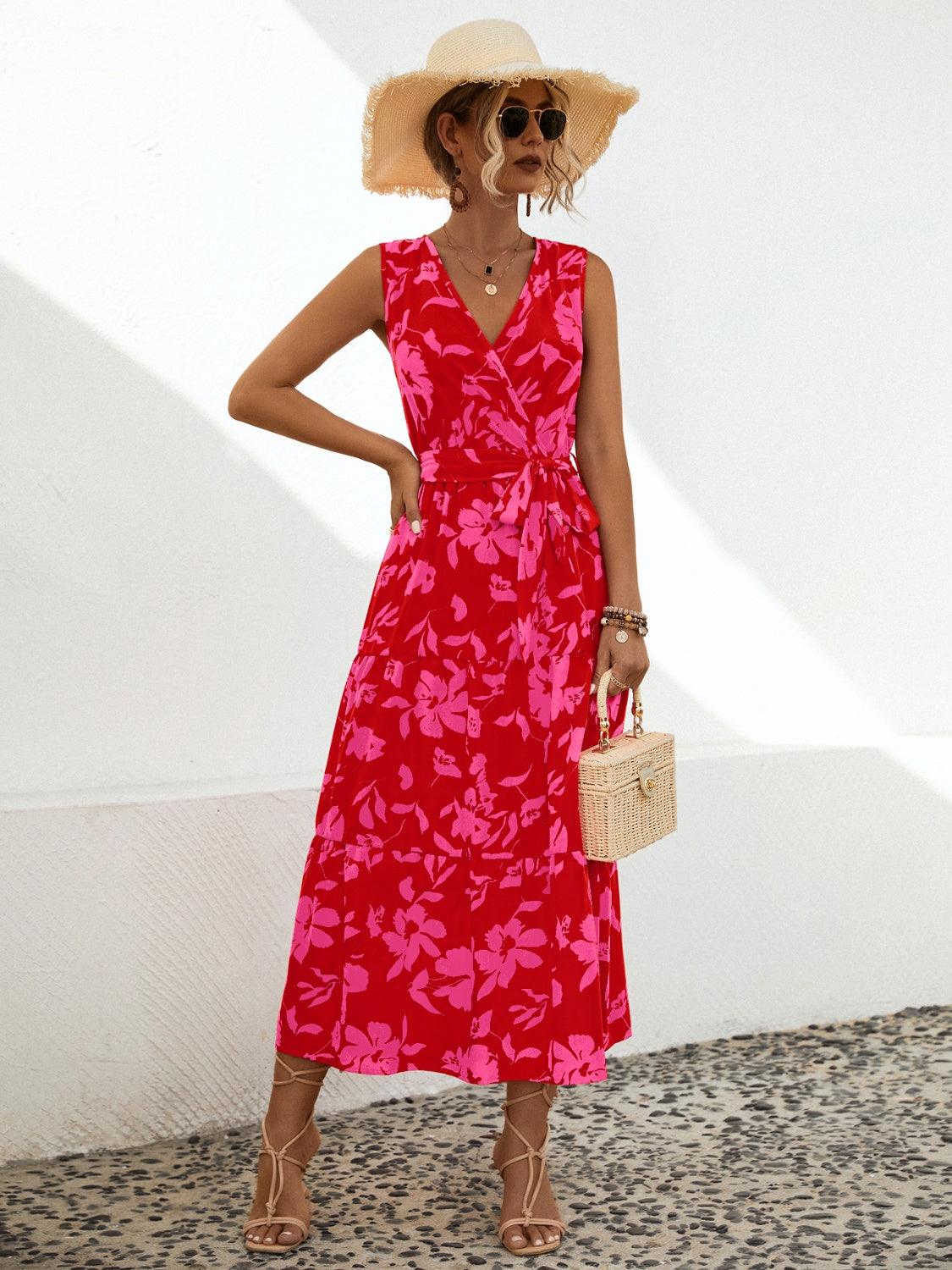 Tied Floral Surplice Tiered Midi Dress - Dresses