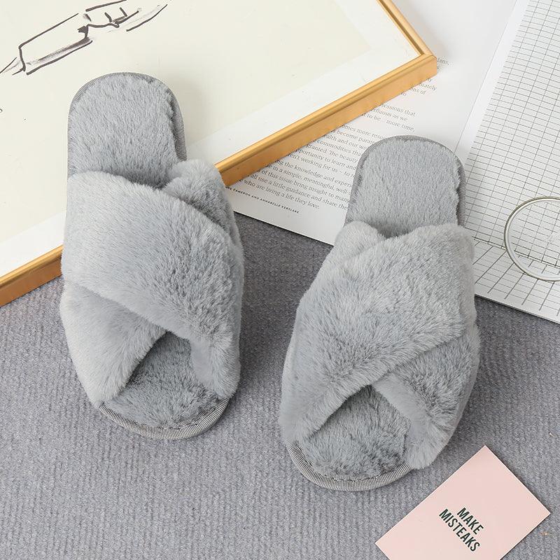 Faux Fur Crisscross Strap Slippers - Slippers