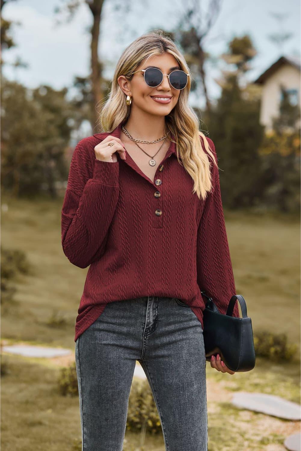 Collared Neck Long Sleeve Buttoned Top - Top