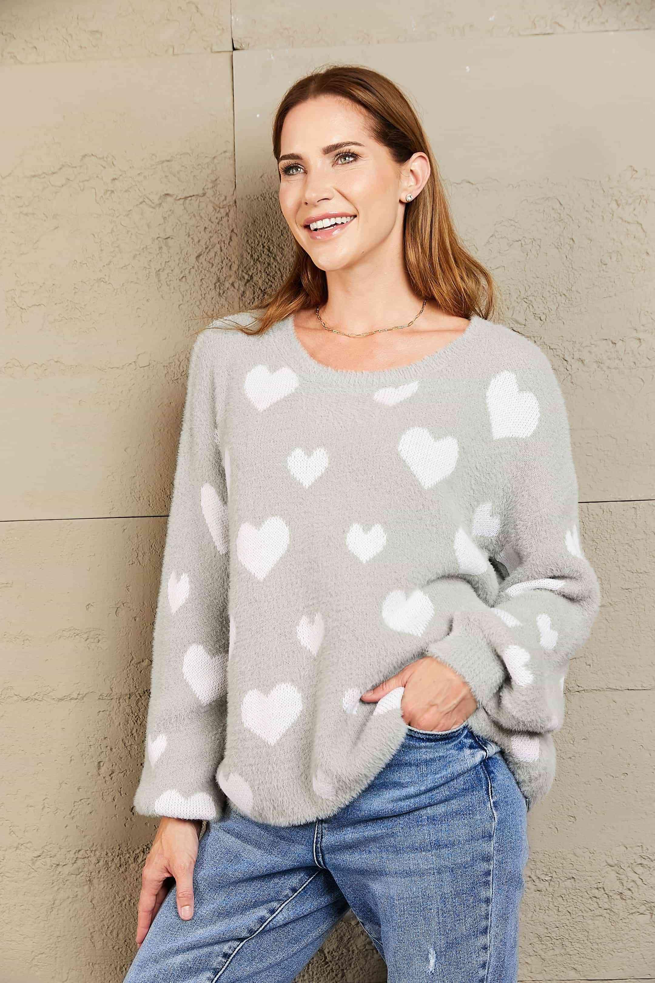 Woven Right Heart Print Fuzzy Sweater - Sweater