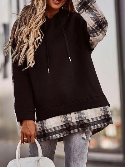 Plaid Drawstring Dropped Shoulder Hoodie - Hoodie