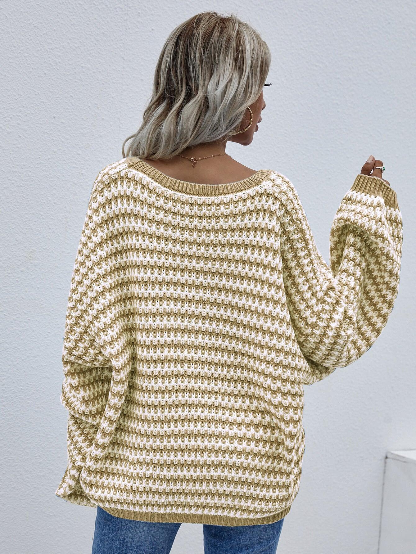 Striped Drop Shoulder V-Neck Pullover Sweater - Sweater