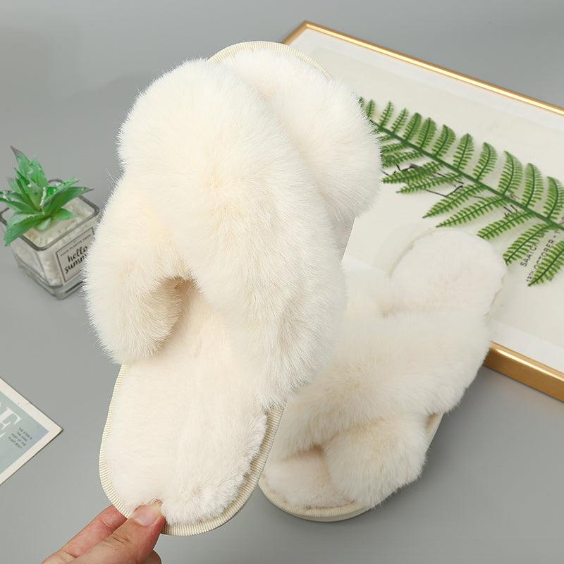 Faux Fur Crisscross Strap Slippers - Slippers