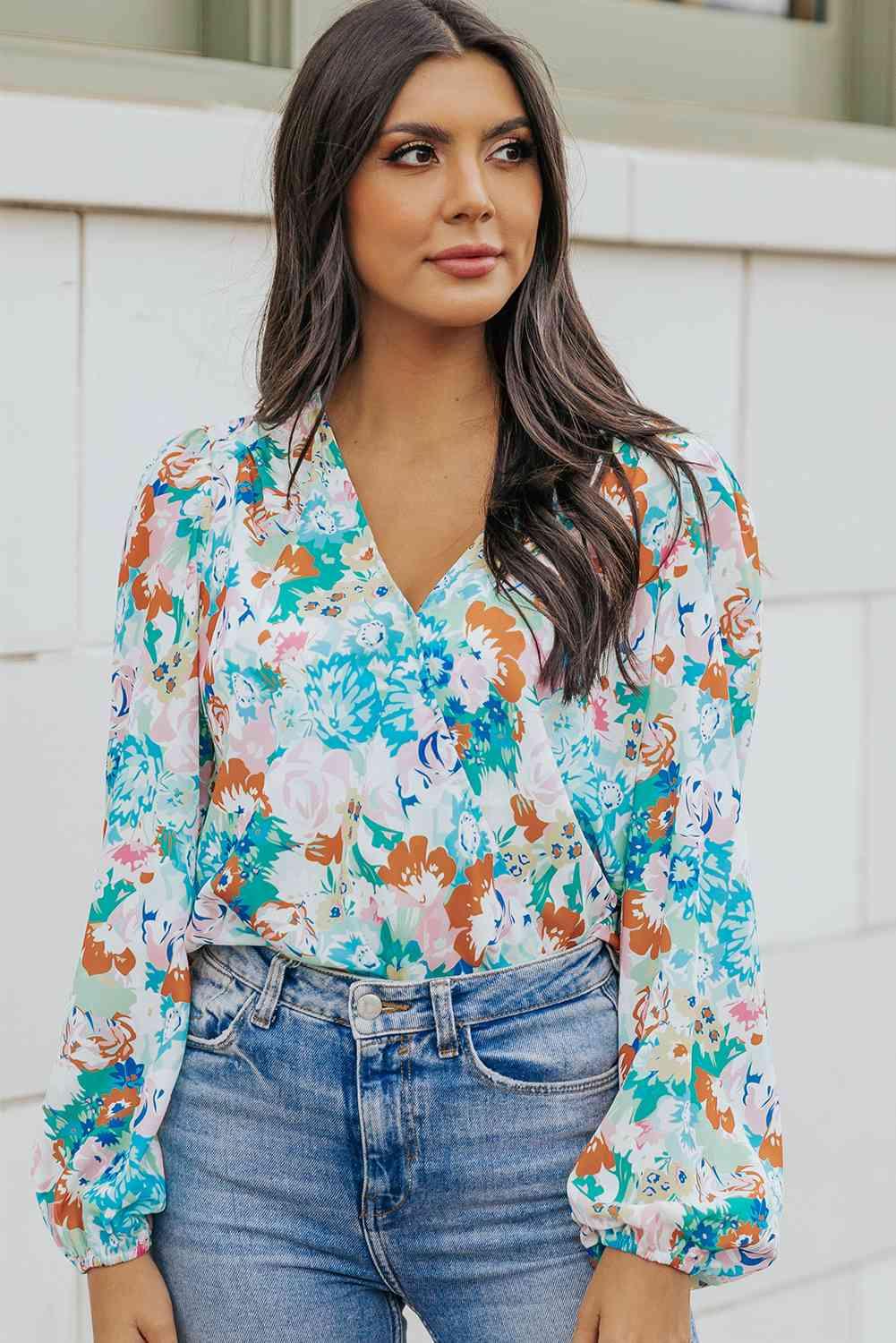 Floral Long Balloon Sleeve Bodysuit - Bodysuit