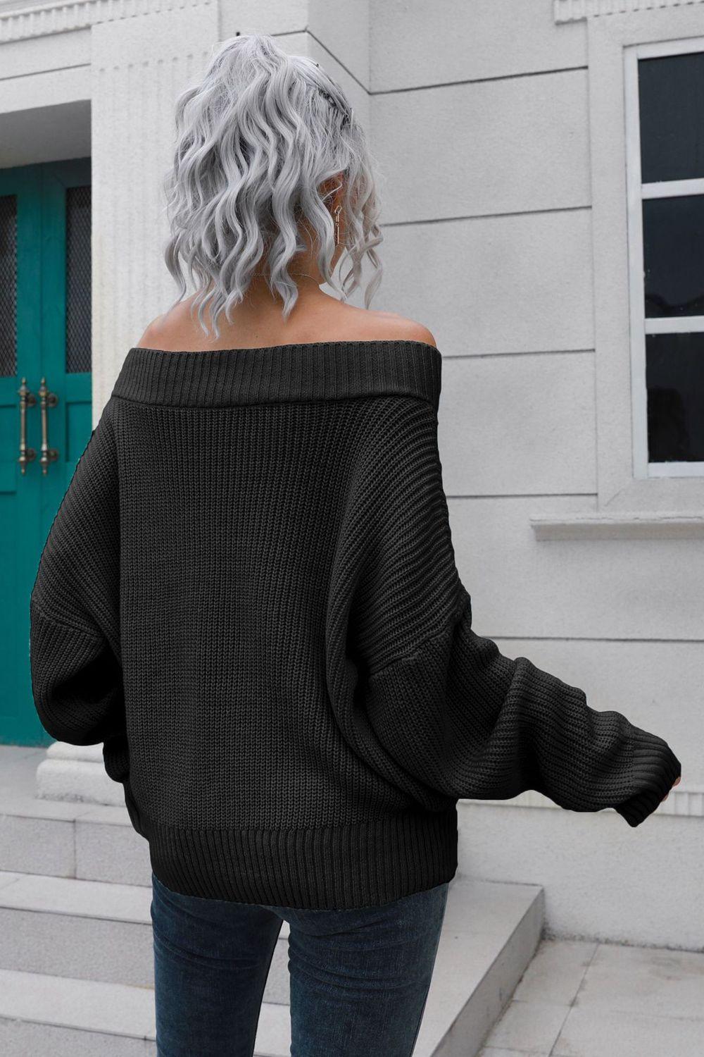 Off-Shoulder Ribbed Dropped Shoulders Sweater - Sweater