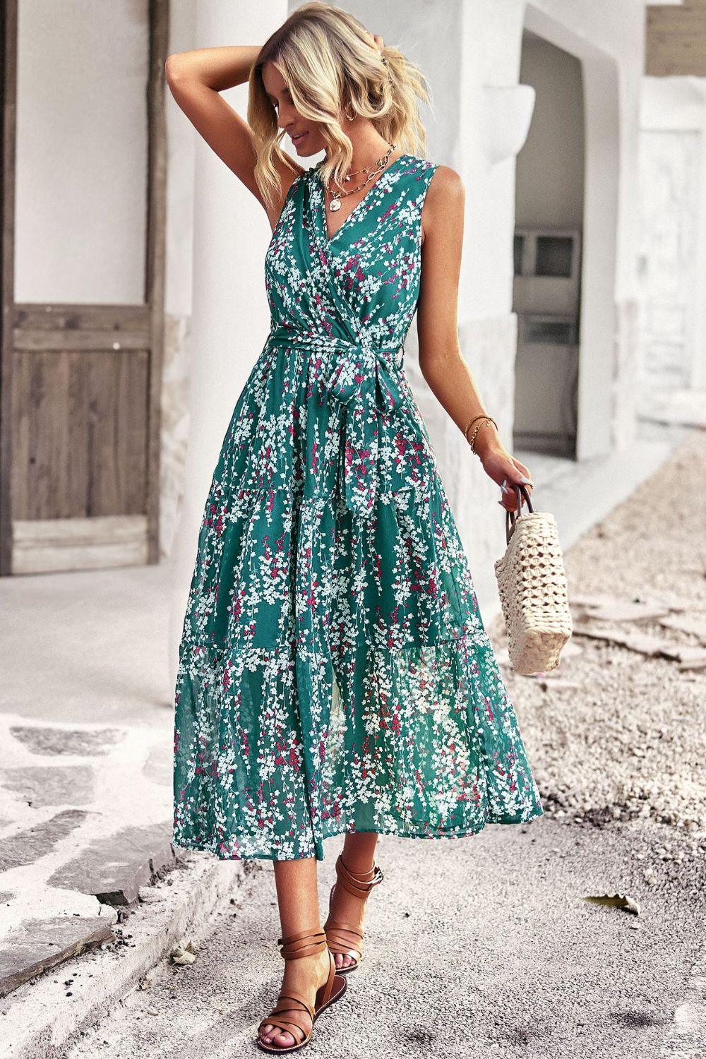 Floral Belted Surplice V-Neck Sleeveless Tiered Midi Dress - Dresses