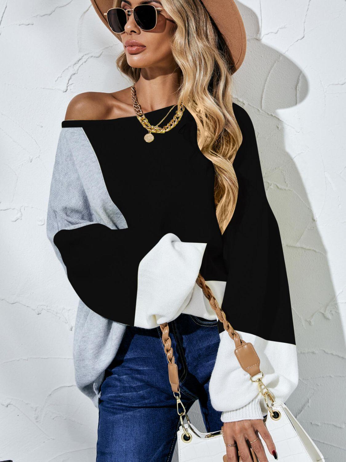 Color Block Balloon Sleeve Boat Neck Sweater - Sweater