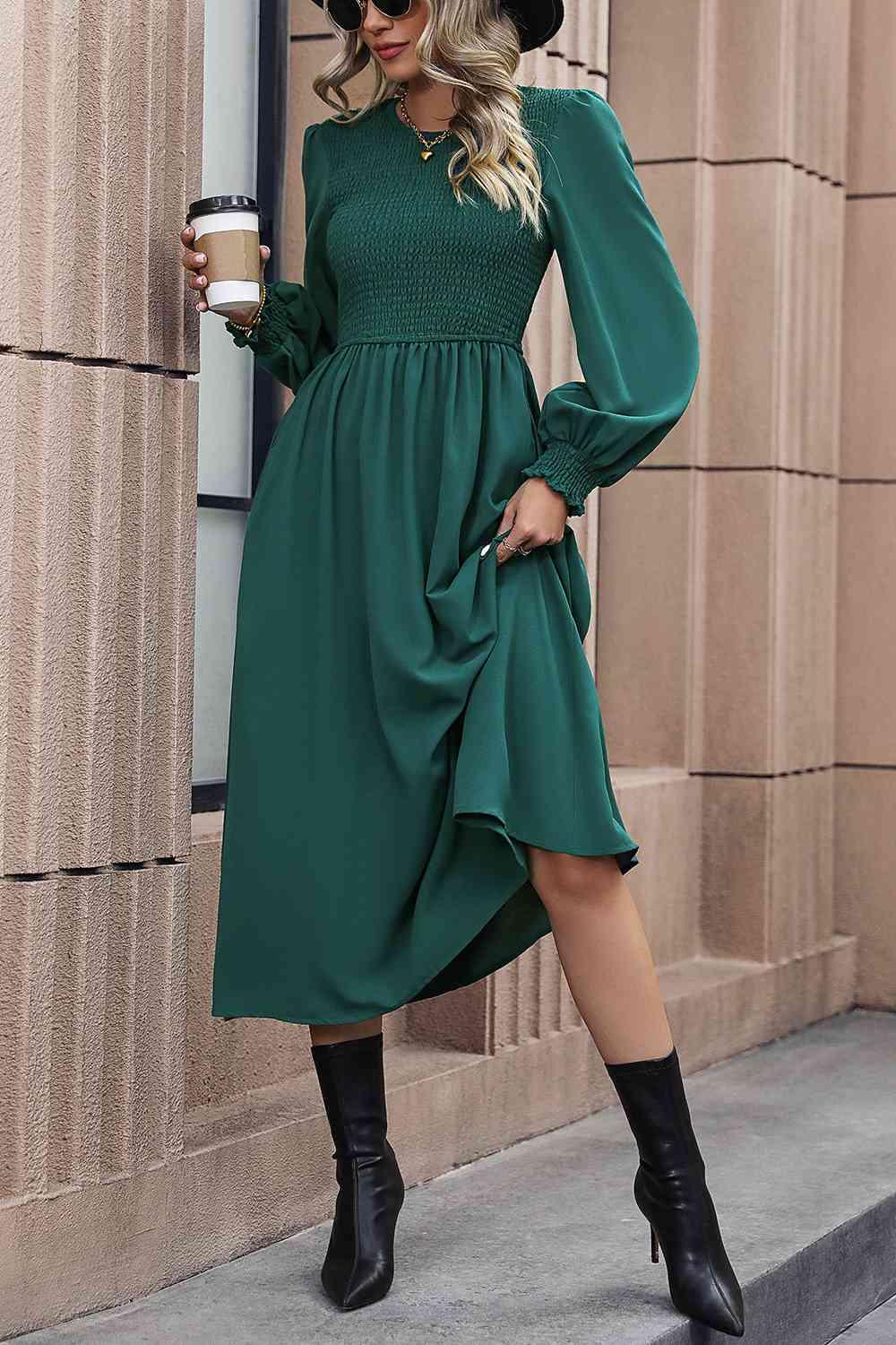 Smocked Long Sleeve Midi Dress - Dresses