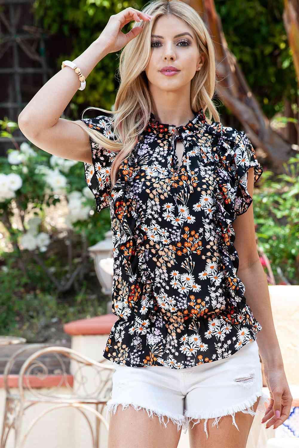 Floral Tie Neck Flutter Sleeve Blouse - Blouse